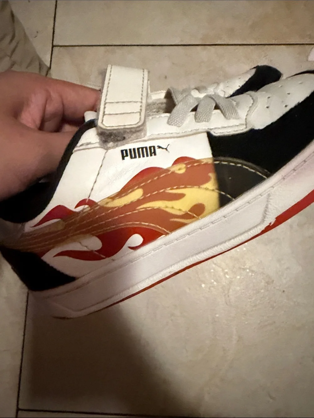 Puma Kids White, Black & Red Flame Accent Sneakers HOT WHEELS
